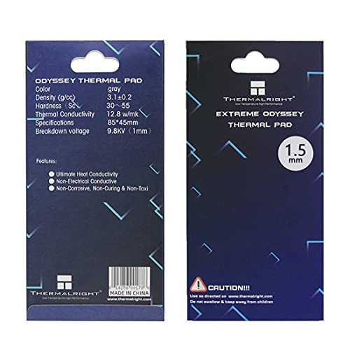 Thermalright Thermal Pad 12.8 W/mK, 85x45x1.5mm, Non Conductive Heat Resistance, Extreme Odyssey Silicone Thermal Pads for PC Laptop Heatsink/GPU/CPU/LED Cooler (1.5mm)