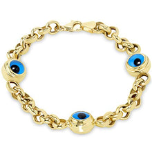 Load image into Gallery viewer, 14k Solid Yellow Gold Eye of Nazar Blue Evil Eye 6.5mm Rolo Chain Link Bracelet, 7.5&quot;
