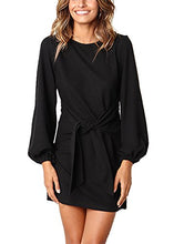 Load image into Gallery viewer, PRETTYGARDEN Women’s Elegant Long Sleeve Short Dress Crewneck Tie Waist Knit Cocktail Dress Black
