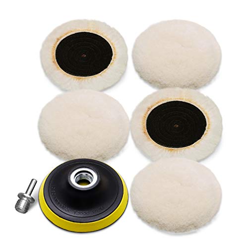 SPTA Wool Cutting Pad, Wool Buffing Polishing Pad Set, 7Pcs 3Inch (80mm) Wool Buffing Wheel for Drill Lambs Wool Hook and Loop for Compound Cutting & Polishing for Car Polisher