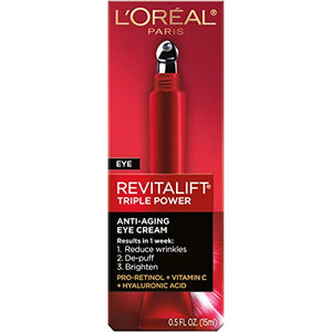 L'Oreal Paris Skincare Revitalift Triple Power Anti-Aging Eye Cream, Under Eye Treatment, with Pro Retinol, Hyaluronic Acid & Vitamin C to reduce wrinkles, de-puff and brighten skin, 0.5 fl. oz.