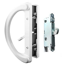 Load image into Gallery viewer, Patio Door Handle Set + Mortise Lock 45° Perfect Replacement for Sliding Glass Door Fits 3-15/16” Screw Hole Spacing, Non-keyed with Mortise Latch Locks,White Diecast,Reversible Design(Non-Handed)

