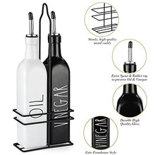 Load image into Gallery viewer, Farmhouse Oil and Vinegar Dispenser Set by Brighter Barns - Black &amp; White Olive Oil Dispenser Bottle with Caddy Holder &amp; Stainless Steel Spout - Cute Modern Vintage Glass Cruet for Kitchen -500ml 17oz
