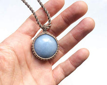 Load image into Gallery viewer, Celestite necklace, Macrame necklace with blue stone, Round Celestite stone, Celestite pendant, Macrame art, Light blue, Spiritual, Unisex

