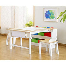 Load image into Gallery viewer, Guidecraft Arts and Crafts Center: Kids Activity Table and Drawing Desk with Stools, Storage Bins, Paper Roller and Paint Cups - Children&#39;s Wooden Learning Furniture
