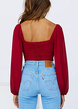Load image into Gallery viewer, Fuedage Women's Lantern Sleeve Solid Soft Tops Backless Square Collar Date Crop Top
