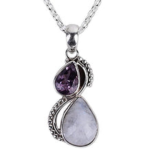 Load image into Gallery viewer, NOVICA Amethyst Rainbow Moonstone .925 Sterling Silver Pendant Necklace, 18&quot; &#39;Two Teardrops&#39;
