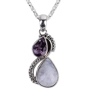 NOVICA Amethyst Rainbow Moonstone .925 Sterling Silver Pendant Necklace, 18" 'Two Teardrops'