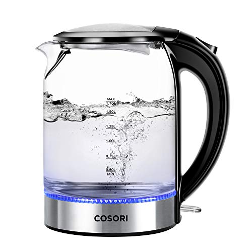 COSORI Glass Boiler Hot Water & Tea Heater with LED Indicator Light 100% Stainless Steel Inner Lid & Bottom, Auto Shut-Off & Boil-Dry Protection, 1.7L, Black