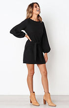 Load image into Gallery viewer, PRETTYGARDEN Women’s Elegant Long Sleeve Short Dress Crewneck Tie Waist Knit Cocktail Dress Black

