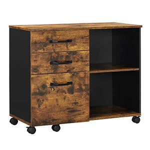 VASAGLE Industrial 3-Drawer File Cabinet, Mobile Lateral Filing Cabinet with Open Compartments, for A4, Letter Sized Documents, Printer Stand, Rustic Brown and Black UOFC041B01