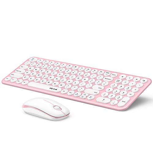 Wireless Keyboard and Mouse Combo, Jelly Comb 2.4G Slim Ergonomic Quiet Keyboard and Mouse with Round Keys for Windows, Laptop, PC, Notebook-White and Pink