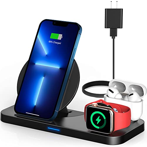 [2022 NEW] 3 in 1 Wireless Charging Station for Multiple Devices Apple, Charging Stand for iPhone and Apple Watch 7/6/SE/5/4/3/2/1, Portable Charging Dock for AirPods Pro/3/2/1 (with 18W Fast Charger)