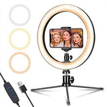 Load image into Gallery viewer, LED Ring Light 10" with Tripod Stand &amp; Phone Holder for Live Streaming &amp; YouTube Video, Dimmable Desk Makeup Ring Light for Photography, Shooting with 3 Light Modes &amp; 10 Brightness Level
