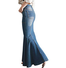 Load image into Gallery viewer, LISUEYNE Women's Casual Stretch Waist Washed Denim Ruffle Fishtail Skirts Long Jean Skirt
