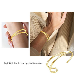 E 14K Gold Plated Open Wide Cuff Bangles Bracelets for Women Teen Girls, Simple Open Adjustable Womens Wrist Cuff Bracelet Minimalism Jewelry Gift for Women Girls