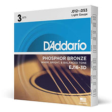 Load image into Gallery viewer, D’Addario EJ16-3D Phosphor Bronze Acoustic Guitar Strings, Light Tension – Corrosion-Resistant Phosphor Bronze, Offers a Warm, Bright and Well-Balanced Acoustic Tone – Pack of 3 Sets
