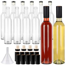 Load image into Gallery viewer, GUANENA 12 Pack 16oz Clear Glass Bottles with Cork Lids and PVC Shrink Capsules, 500 ml Empty Home Brewing Wine Bottles with Funnel for Sparkling Wine, Juice, Kombucha, Beverages

