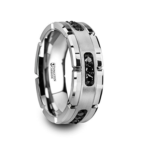 Thorsten Valor Grooved Tungsten Ring Wedding Band with Silver Inlay and 1/4-Carat tw Black Diamonds 8mm from Roy Rose Jewelry Size 12