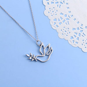 S925 Sterling Silver Jewelry Doves Birds with Olive Leaves Peace Symbol Animal Pendant Necklace 18 inches
