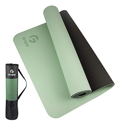 Gruper TPE Yoga Mat,Pro Yoga Mat Eco Friendly Non Slip Fitness Exercise Mat with Carrying Strap,Workout Mat for Yoga, Pilates and Floor Exercises (Matcha Green + Black, Thickness-6mm(1/4 inch))