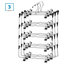 Load image into Gallery viewer, ZOBER Space Saving 5 Tier Metal Skirt Hanger with Clips (3pk) Hang 5-on-1, Gain 70% More Space,Rubber Coated Hanger Clips,360 Swivel Hook,Adjustable Clips Pants Hanger,Hang Slack,Trouser,Jeans,Towels

