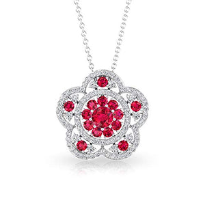 Vintage 1.04 CT Ruby SGL Certified Diamond Flower Halo Pendant, Round Red July Birthstone Wedding Bridal Necklace, Birthday Anniversary Floral Pendant 18K White Gold With Chain