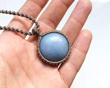 Load image into Gallery viewer, Celestite necklace, Macrame necklace with blue stone, Round Celestite stone, Celestite pendant, Macrame art, Light blue, Spiritual, Unisex
