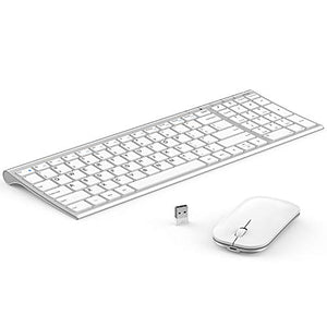 Wireless Keyboard Mouse, Seenda Ultra Thin Small Rechargeable Keyboard and Mouse Set with Number Pad, Aluminum Wireless Keyboard for Windows Laptop Computer, Silver White