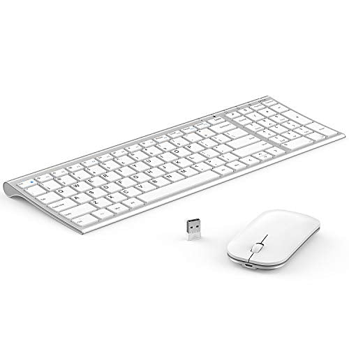 Wireless Keyboard Mouse, Seenda Ultra Thin Small Rechargeable Keyboard and Mouse Set with Number Pad, Aluminum Wireless Keyboard for Windows Laptop Computer, Silver White
