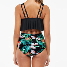 Load image into Gallery viewer, Women's Bikini Swimsuit with High Waisted Bottom Tankini Ruffled Flounce Top Two Piece Sets Bathing Flowy Suits Floral Printed Beach Ladies Plus Size Swimwear Black S
