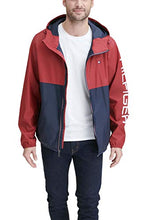 Load image into Gallery viewer, Tommy Hilfiger Men's Lightweight Active Water Resistant Hooded Rain Jacket, Red/Navy Colorblock, X-Large
