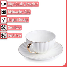 Load image into Gallery viewer, BTaT- Tea Cups and Saucers, Set of 6 (7 oz) with Gold Trim and Gift Box, Cappuccino Cups, Coffee Cups, White Tea Cup Set, British Coffee Cups, Porcelain Tea Set, Latte Cups, Espresso Mug, White Cup
