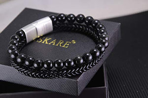 HASKARE Mens Bead Leather Bracelet, Tiger Eye Black Obsidian Braided Genuine Leather Beads Bracelet with 316L Stainless Steel Magnetic Closure for Men