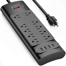 Load image into Gallery viewer, Power Strip, Bototek Surge Protector with 10 AC Outlets and 4 USB Charging Ports,1875W/15A, 2100 Joules, 6 Feet Long Extension Cord for Smartphone Tablets Home,Office, Hotel- Black

