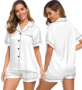 SWOMOG Pajamas Set Short Sleeve Sleepwear Womens Button Down Nightwear Soft Pj Lounge Sets White