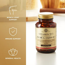 Load image into Gallery viewer, Solgar Vitamin D3 (Cholecalciferol) 250 MCG (10,000 IU), 120 Softgels - Helps Maintain Healthy Bones &amp; Teeth - Immune System Support - Non GMO, Gluten Free, Dairy Free - 120 Servings
