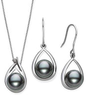 Load image into Gallery viewer, Tahitian Black Pearl Diamond Pendant and Drop Dangle Earring Set in Sterling Silver, 18"
