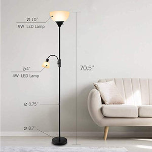 Floor Lamp - Standing Lamp, 9W+4W Energy Saving LED Bulbs, Torch Lamp with Adjustable Reading Lamp, 3000K Warm White, LED Floor Lamps for Bedroom, Living Room, Office, Working, Reading