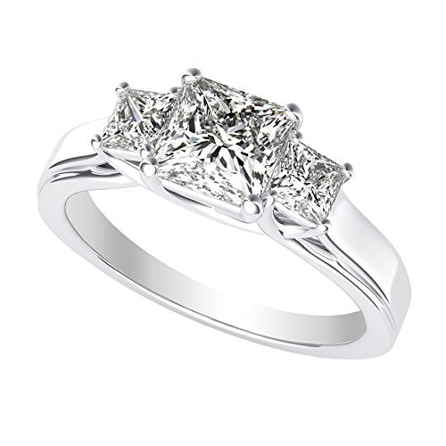 1 Carat 3 Three Stone Princess Diamond Engagement Ring 14K White Gold I-J Color I1-I2 Clarity