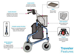 NOVA Traveler 3 Wheel Rollator Walker, All Terrain 8” Wheels, Includes Bag, Basket and Tray, Red