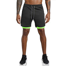 Load image into Gallery viewer, Leidowei Men&#39;s 2 in 1 Workout Running Shorts Lightweight Training Yoga Gym 7&quot; Short with Zipper Pockets Black Fluorescent 2XL
