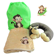 Load image into Gallery viewer, Life's Simple Answers Travel Pillow Blanket Set for Kids – Plush Monkey Travel Neck Pillow, Kids Size Travel Blanket and Matching Drawstring Backpack in This 3-Piece Travel Combo Set
