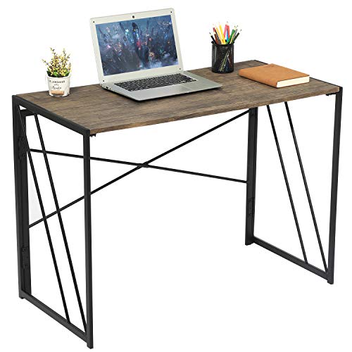 Aingoo No Assembly Folding Computer Writing Desk Industrial Style Home Office Study Laptop Gaming Table for Small Space Brown
