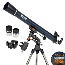 Load image into Gallery viewer, Celestron - AstroMaster 90EQ Refractor Telescope - Refractor Telescope for Beginners - Fully-Coated Glass Optics - Adjustable-Height Tripod - BONUS Astronomy Software Package
