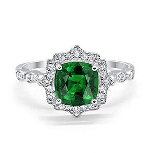 Blue Apple Co. Halo Art Deco Engagement Ring Cushion Simulated Emerald Round Cubic Zirconia 925 Sterling Silver, Size-8