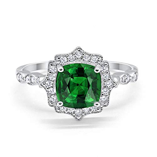 Blue Apple Co. Halo Art Deco Engagement Ring Cushion Simulated Emerald Round Cubic Zirconia 925 Sterling Silver, Size-8