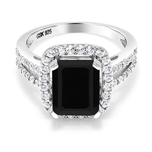 Gem Stone King 925 Sterling Silver Black Onyx Women's Engagement Ring (3.75 Cttw Emerald Cut, Gemstone Birthstone) (Size 6)