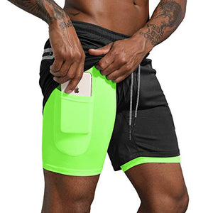 Leidowei Men's 2 in 1 Workout Running Shorts Lightweight Training Yoga Gym 7" Short with Zipper Pockets Black Fluorescent 2XL