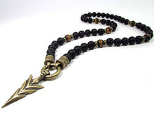Load image into Gallery viewer, Tiger Eye and Black Lava Stone Necklace,Bronze Arrow-Head,Gift for Men,Men Gemstone Necklace + Gift Box,Mens Beaded Necklace
